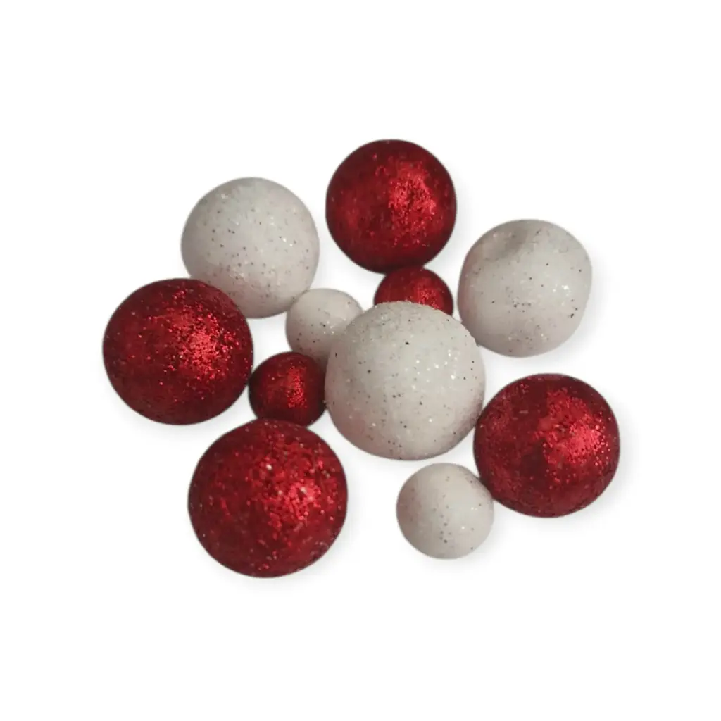 Red and white thermocol Christmas balls