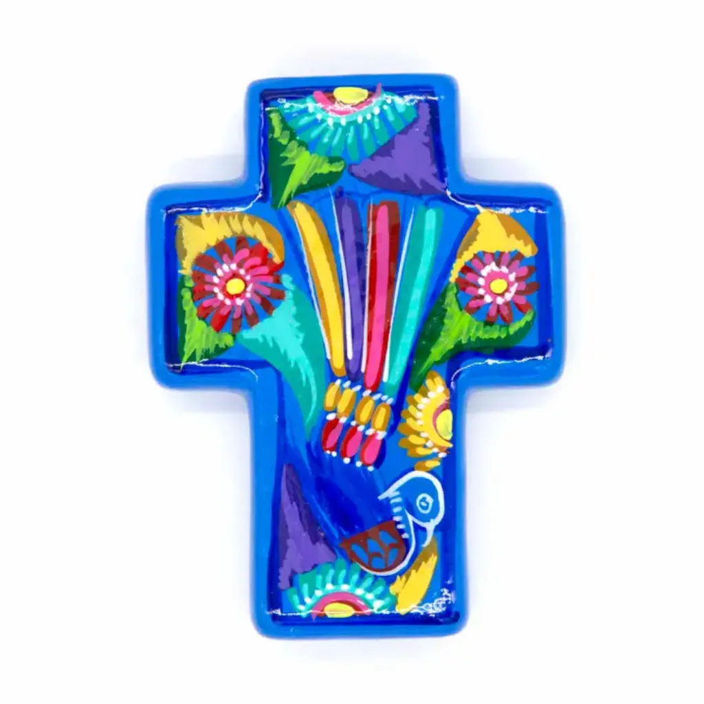 Mexican Painted Bird Block Cross -  Blue