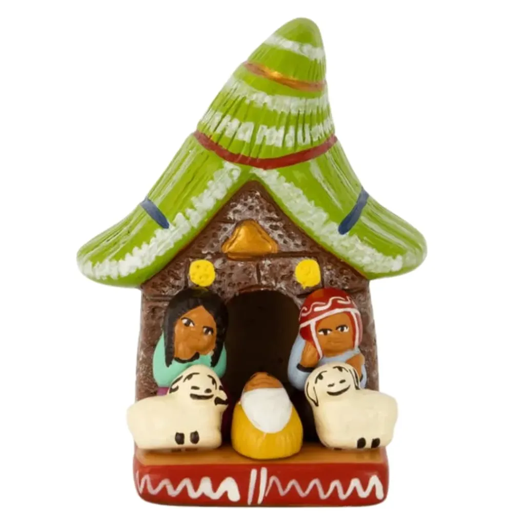 NATIVITY SCENE CABIN GREEN ROOF